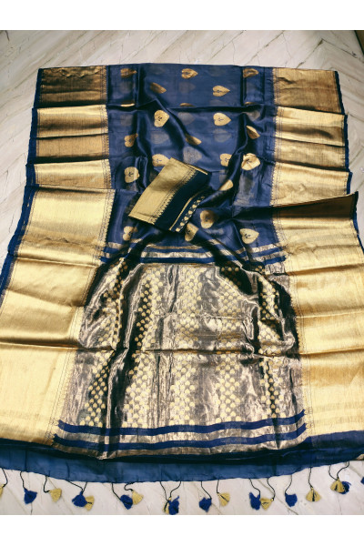 All Over Golden Butta Weaving Blue Organza Silk Saree With Golden Zari Border (KR995)